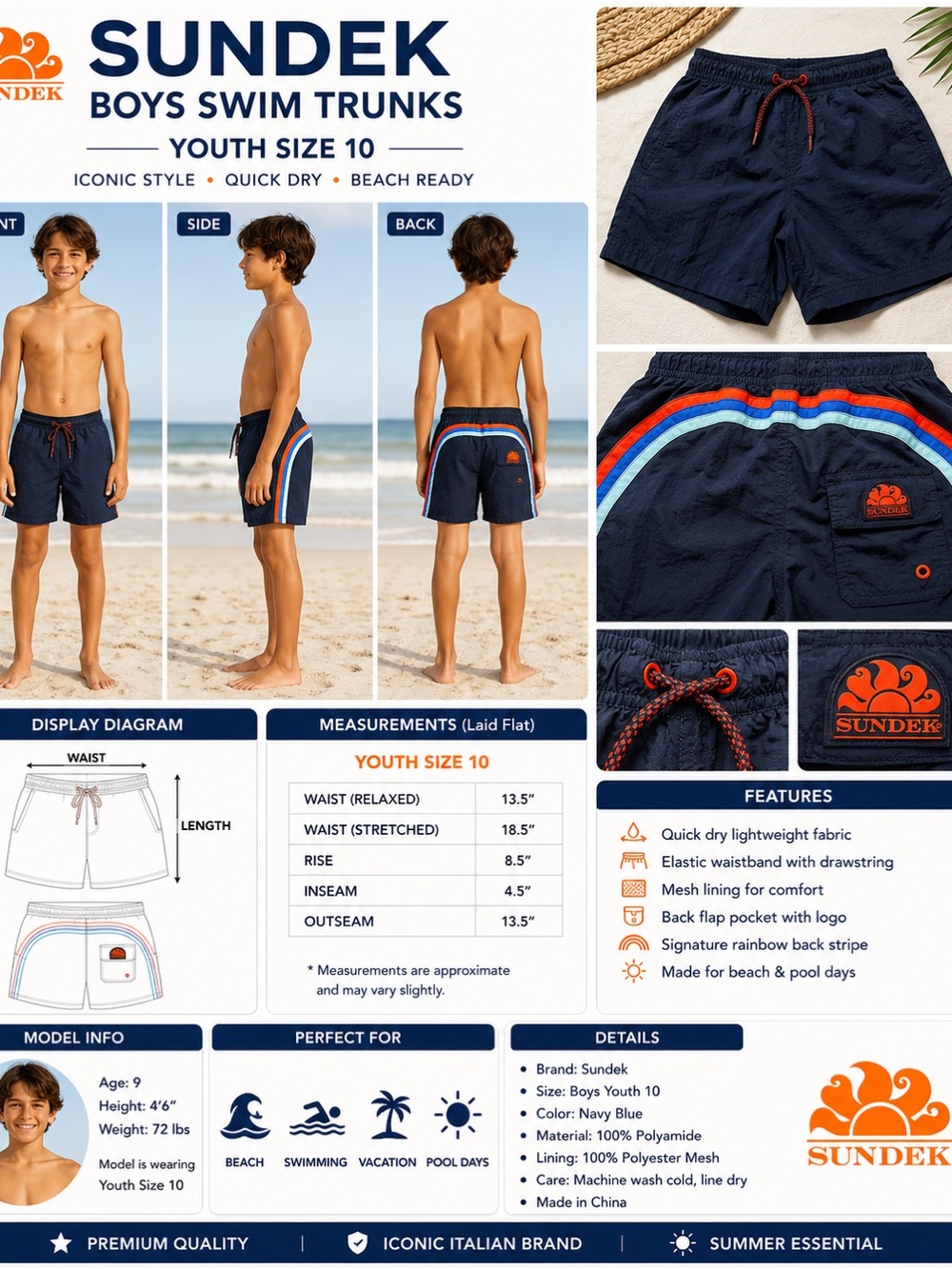 Sundek Boys Youth Size 10 Navy Swim Trunks Rainbow Stripe Board Shorts Beach
